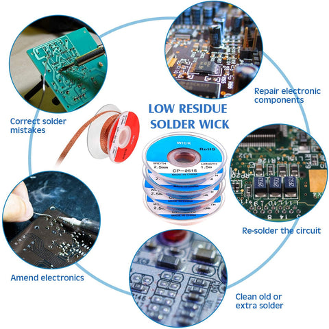 Diagram showing Solder Wick Desoldering Braided Solder Braid Set 1.5 Meter Length Low Residue Copper Wicks used in electronics repair.