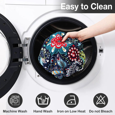 Hand placing paisley Outdoor Patio Cushion Covers 8 Pack Stretch Slipcovers for Sofa Cushions into washing machine