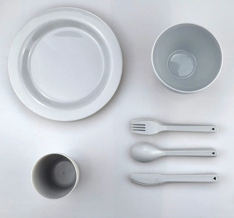 24 Piece Dorm Life Mess Kit Tableware Set For Camping And Everyday Use Plates Cups Bowls Silverware In Drawstring Mesh Bag