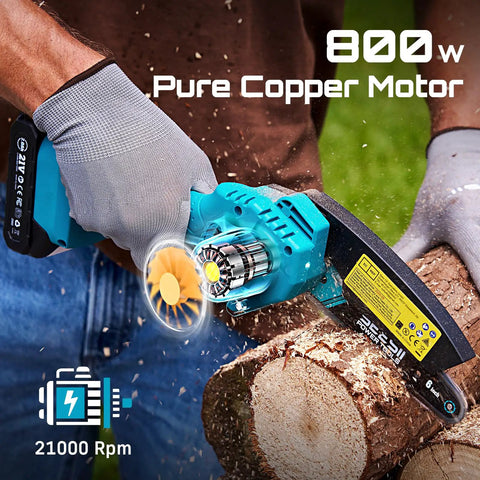 Man using Six Inch Cordless Mini Chainsaw With Two Batteries Portable Electric Chainsaw For Tree Trimming And Wood Cutting Beast