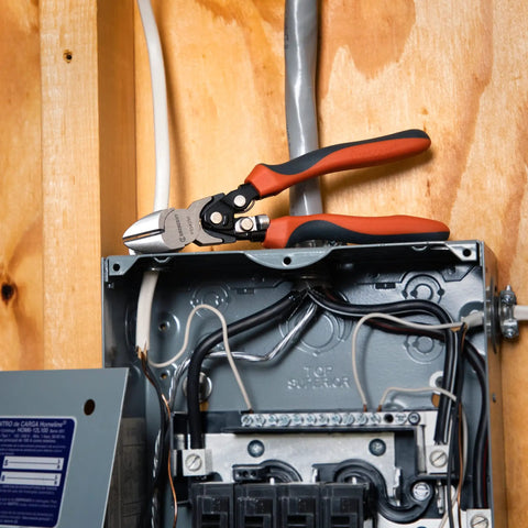 8 Inch Pro Series Diagonal Cutting Pliers with Dual Material Grips on electrical panel, showing induction hardened edges for tough wire jobs.