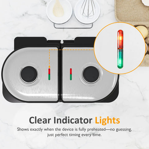 Top view of Dual Waffle Maker With Heart And Classic Plates showing indicator lights and temperature knobs, breakfast game changer.