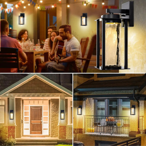 Dusk To Dawn Outdoor Porch Lights 2 Pack With Photocell Sensor Modern Glass Sconce shown in night settings by front door and dining area