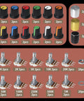 Dope Potentiometer Kit With 84 Pieces WH148 1K To 1M Ohm Linear Potentiometers, 15mm Shaft, 3 Pins, Aluminum Knob Set with Plum Caps.