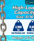 Top Shelf 5/16 Inch G43 Marine Grade Stainless Steel Anchor Chain Mirror Polished Finish weight 1.03 lb/ft, safe load 3900 lbs, breaking load 11600 lbs.