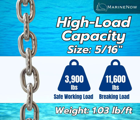 Top Shelf 5/16 Inch G43 Marine Grade Stainless Steel Anchor Chain Mirror Polished Finish weight 1.03 lb/ft, safe load 3900 lbs, breaking load 11600 lbs.