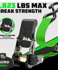 Tough As Nails Heavy Duty Ratchet Straps Tie Downs 4 Pack 1 Inch Wide By 15 Feet Long Featuring Quick Release S Hooks showing black and green strap with EZ-release mechanism.