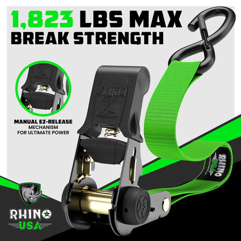 Tough As Nails Heavy Duty Ratchet Straps Tie Downs 4 Pack 1 Inch Wide By 15 Feet Long Featuring Quick Release S Hooks showing black and green strap with EZ-release mechanism.