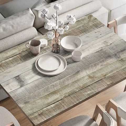 Light Gray Wood Peel And Stick Wallpaper 17.7 Inch By 393.7 Inch 48.4 Sq Ft Roll Self Adhesive Distressed Wood Plank Texture For Walls And Furniture Grab And Go Install No Glue Needed Easy Clean on tabletop with decor