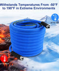 Built Like A Tank Heavy Duty Compressor Air Hose Measuring Three Quarters Inch By One Hundred Feet With Chicago Quick Connect Fittings, blue hose.