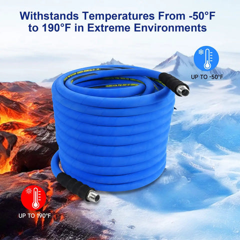 Built Like A Tank Heavy Duty Compressor Air Hose Measuring Three Quarters Inch By One Hundred Feet With Chicago Quick Connect Fittings, blue hose.