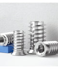 5/10/20 Pack Stainless Steel Hex Socket Threaded Inserts M4 To M10 For Wood Furniture Assembly, arranged on a white surface