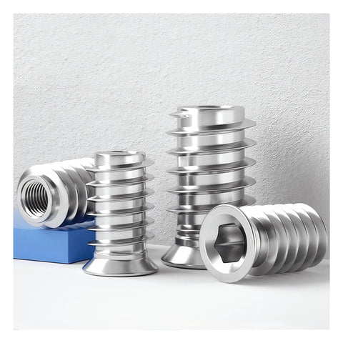 5/10/20 Pack Stainless Steel Hex Socket Threaded Inserts M4 To M10 For Wood Furniture Assembly, arranged on a white surface