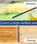 Image showing a user cleaning a window with the Six Pack 18 Inch Double Foam Floor Squeegees For Quick Cleanups Heavy Duty Squeegee With EVA Foam Blade And Stainless Steel Frame Industrial Floor Scrubber For Garage Pool Concrete Windows And Wet Floors, and the bottom part displaying the squeegee on a wooden floor.