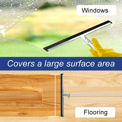 Image showing a user cleaning a window with the Six Pack 18 Inch Double Foam Floor Squeegees For Quick Cleanups Heavy Duty Squeegee With EVA Foam Blade And Stainless Steel Frame Industrial Floor Scrubber For Garage Pool Concrete Windows And Wet Floors, and the bottom part displaying the squeegee on a wooden floor.