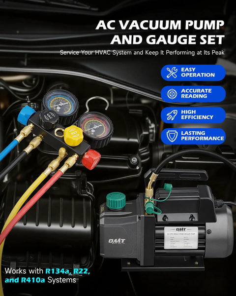 4.5 CFM AC Vacuum Pump And Gauge Set With 4 Way Manifold, Color Coded Hoses, Electronic Leak Detector, R134a R22 R410a Taps And Quick Couplers, Vacuum Oil, And A Beast Carrying Case For Auto And Home HVAC Evacuation