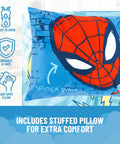 Spiderman Slumber Bag and Pillow Set with blue pillow featuring Spiderman's face, ideal for cozy sleepovers, easy care.