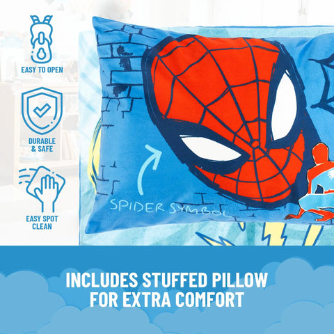 Spiderman Slumber Bag and Pillow Set with blue pillow featuring Spiderman's face, ideal for cozy sleepovers, easy care.