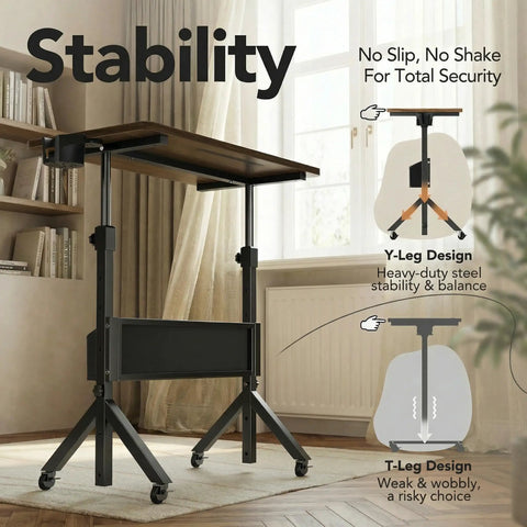 Mobile Rolling Standing Desk With Storage Basket, Height Adjustable From 28.7 To 46.1 Inches, sturdy y-leg design