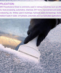 Gloved hand using Tough As Nails UHMW Sheets 6 By 6 By One Sixteenth Inch Opaque White Plastic Board to scrape ice on windshield.