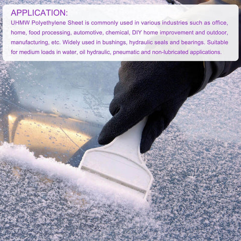Gloved hand using Tough As Nails UHMW Sheets 6 By 6 By One Sixteenth Inch Opaque White Plastic Board to scrape ice on windshield.