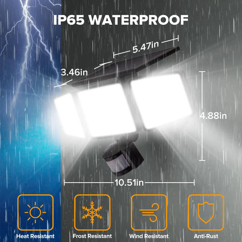 Badass Solar Security Flood Lights, 3 Head Motion Sensor Spots, Rock Solid IP65 Waterproof Bulbs With Wide Angle Detection For Patio And Yard, Killer Brightness In 2 Pack Set