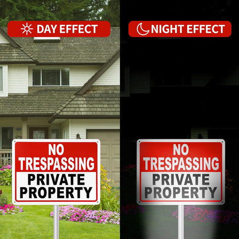 Comparison of Private Property No Trespassing Signs 10x7 Inch 40 Mil Aluminum Reflective UV Printed showing day and night visibility