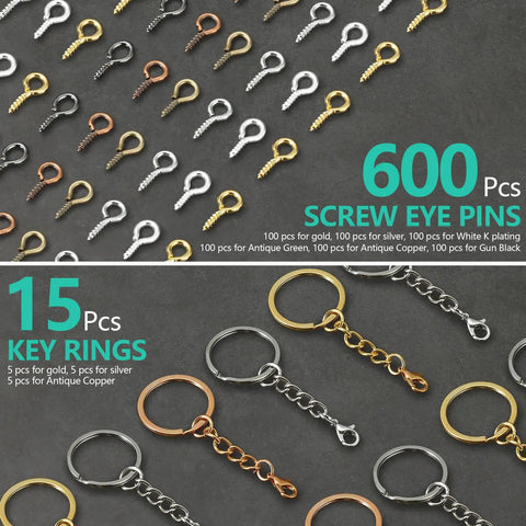 Top Shelf Hand Drill Set For Resin Crafts With 10 Precision Bits And 600 Eye Screws Plus 15 Keychain Rings Easy Pin Vise Kit includes 600 eye screws and 15 keyrings.