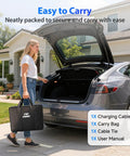 Woman carrying Heavy Duty 21 Foot NACS EV Extension Cord Supports Up To 50A At 240V in a carry bag by a Tesla.