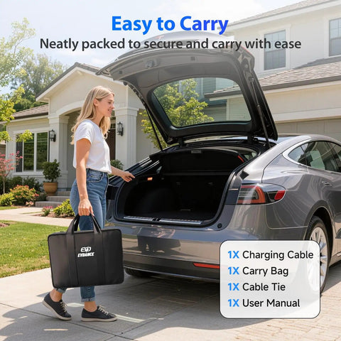 Woman carrying Heavy Duty 21 Foot NACS EV Extension Cord Supports Up To 50A At 240V in a carry bag by a Tesla.