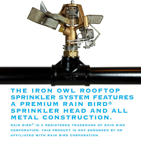 Heavy Duty Rooftop Sprinkler System For Wildfire Defense Featuring A Built Damn Tough Black Frame And Premium Brass Nozzles revealing brass nozzle and black metal pipe.
