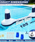Inflatable Pool Volleyball Set With Yacht Theme Court, 9 Inch Volleyball, Weighted Water Bags, Tie Down Ropes, Patches
