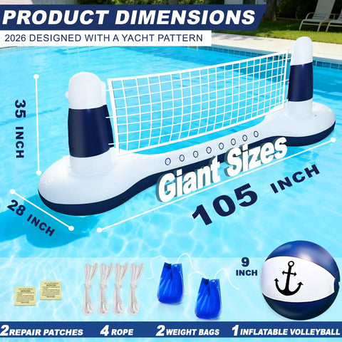 Inflatable Pool Volleyball Set With Yacht Theme Court, 9 Inch Volleyball, Weighted Water Bags, Tie Down Ropes, Patches