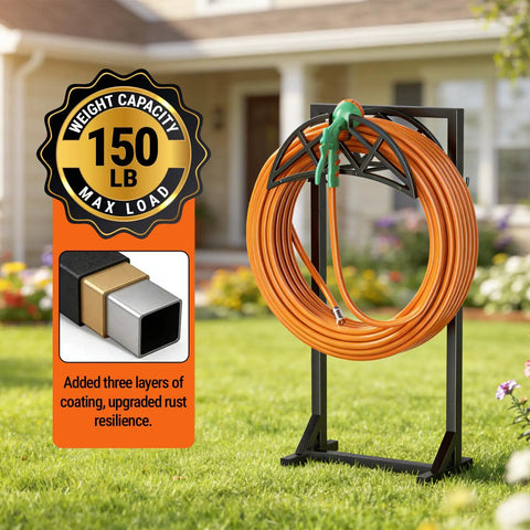 Beefy Heavy Duty Metal Hose Holder With Freestanding Stand And Stable Triangular Base No Wobble Includes 2 Tool Hooks