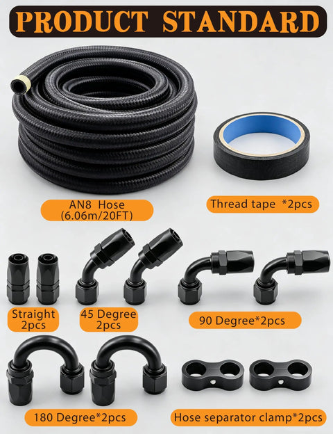 High Performance 8AN Nylon Braided CPE Fuel Oil Hose, 20 Foot Length With Fittings Kit, Solid 1/2 Inch Gas Line For Your Ride, Not Compatible With E85 Or PTFE Use