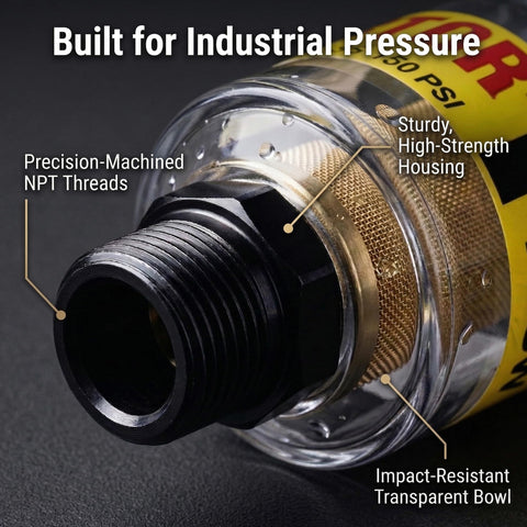 Close-up of air dryer for compressor inline water separator and tool oil 1 quarter inch NPT moisture filter, highlighting features.