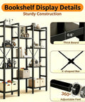 Triple Column 4 Tier Industrial Bookshelf With 11 Open Display Shelves showing sturdy construction details and adjustable feet.