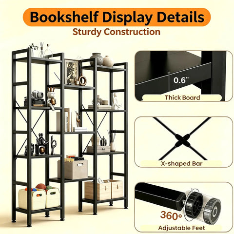 Triple Column 4 Tier Industrial Bookshelf With 11 Open Display Shelves showing sturdy construction details and adjustable feet.