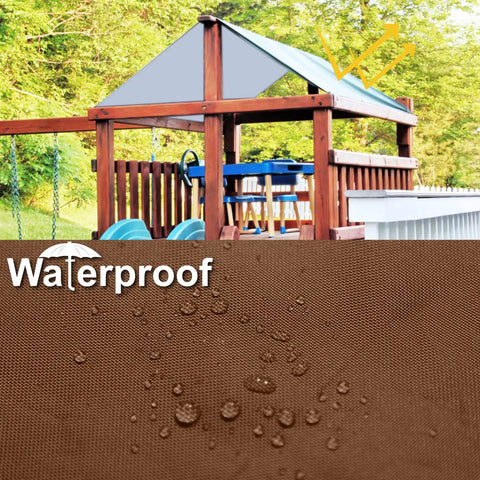 52 By 90 Inches Swing Set Replacement Canopy Tarp For Playgrounds And Backyards, Premium 300D Polyester With PU Coating, UV Protection And Waterproof Shade Screen In Brown And White over wooden swing set with raindrops on tarp surface