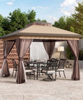 Dope Pop Up Gazebo Tent 11x11 Outdoor Canopy With Double Vent Roof set up over a patio dining area with curtains closed.