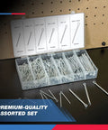555 Piece Cotter Pin Set For Automotive And Trailer Projects Zinc Plated Steel Premium Quality Straight Hairpins And Split Pins To Lock Castle Nuts In Place By NEIKO in storage case.