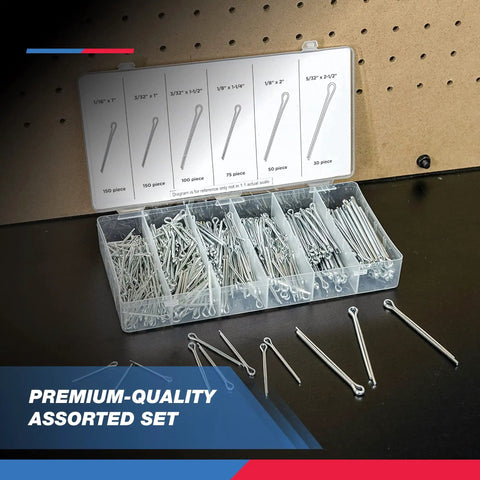 555 Piece Cotter Pin Set For Automotive And Trailer Projects Zinc Plated Steel Premium Quality Straight Hairpins And Split Pins To Lock Castle Nuts In Place By NEIKO in storage case.