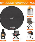 48 Inch Round Fire Pit Mat With Four Layer Fireproof Heat Insulated Under Grill Pad, shown with various outdoor grills