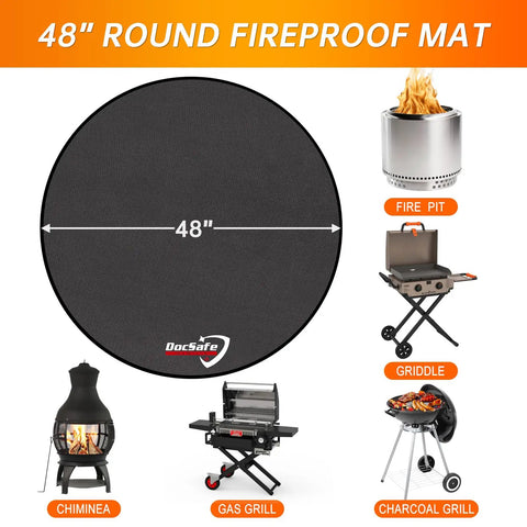 48 Inch Round Fire Pit Mat With Four Layer Fireproof Heat Insulated Under Grill Pad, shown with various outdoor grills