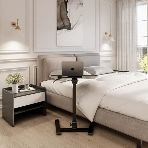 Mobile Folding Desk With Pneumatic Sit Stand No Tools Needed Setup Hassle Free 25 Inch in a bedroom setting