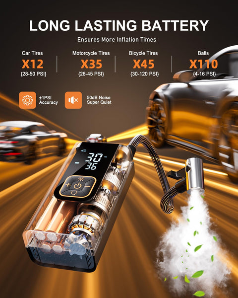 Portable Tire Inflator Air Compressor 180 PSI with LED Light and battery, 12V DC for Cars, Motorcycles