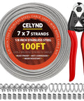 Straight Up Heavy Duty 1/8 Inch Stainless Steel Cable Kit Includes 100 Feet Wire Rope With Crimpers angled view with accessories.