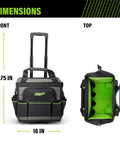 Rolling Tool Bag For Pros And Contractors Water Resistant Tough Gear Tote With Adjustable Handle Black Worksite Organizer Featuring Multiple Pockets And A Big Main Compartment For Easy Tool Access front and top view