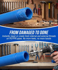Essential 3-Piece Internal External Pipe Threading Tool Kit For Plumber Pros Cut And Thread PVC PPR PE Plastic Pipes Up To One Inch showing blue PE pipe with fresh internal threads being cut.