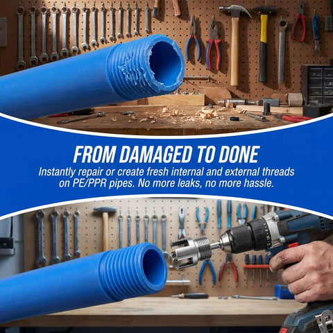 Essential 3-Piece Internal External Pipe Threading Tool Kit For Plumber Pros Cut And Thread PVC PPR PE Plastic Pipes Up To One Inch showing blue PE pipe with fresh internal threads being cut.